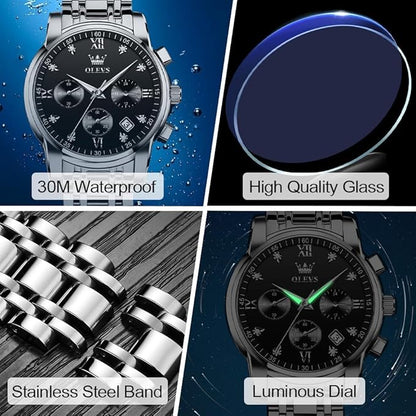 OLEVS Men's Stainless Steel Chronograph Watch, Big Face Gold Silver Black Tone Easy to Read Analog Quartz Watch, Luxury Waterproof Date Diamond Roman Arabic Numerals Dial Dress Watch for Men