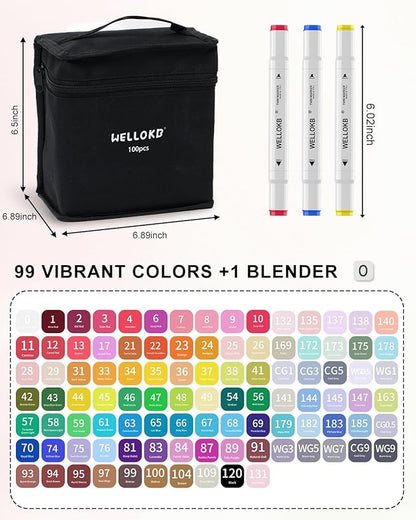 Alcohol Markers, 100 Colors Dual Tip Art Markers for Coloring, Drawing, Illustrations, Book Painting, Alcohol Based with Carrying Case for Adult Kids