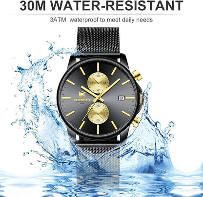 GOLDEN HOUR Mens Watch Fashion Sleek Minimalist Quartz Analog Mesh Stainless Steel Waterproof Chronograph Watches for Men with Auto Date