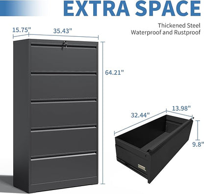 File Cabinets 5 Drawer,Metal Office Storage Filing Cabinet with Lock,Black Lateral Filing Cabinet for Home Office,Horizontal Locking File Cabinet for Legal/Letter/A4,Assembly Require,Black