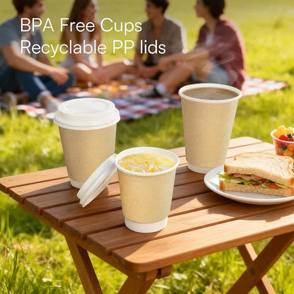 Compostable Coffee Cups with Lids 12 oz To Go Hot Cups,120 Pack Disposable Paper Cups with Lids, BPI Certified PLA Coated Natural Kraft Insulated Disposable Cups for Togo Office Coffee Bar Travel Home