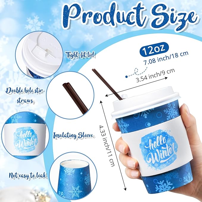 Lallisa 100 Sets Christmas Disposable Coffee Paper Cups Bulk with Lids Sleeves & Straws, 12 oz Xmas Blue and White Snowflakes Coffee Cups for Hot Cold Cocoa Tea Holiday Party Supplies