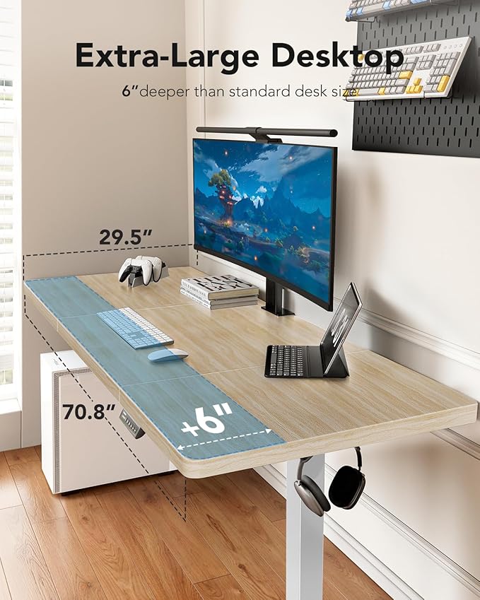 HUANUO 71 x 30 inch Electric Standing Desk, Powerful Brushless Motor Large Height Adjustable Table, 4 Memory Preset Sit Stand Up Desk, Home Office Computer Table with Thick T-Shaped Frame, Natural