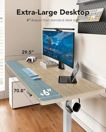 HUANUO 71 x 30 inch Electric Standing Desk, Powerful Brushless Motor Large Height Adjustable Table, 4 Memory Preset Sit Stand Up Desk, Home Office Computer Table with Thick T-Shaped Frame, Natural