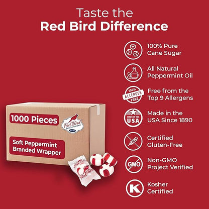 Red Bird Soft Peppermint Candy Mints, Bulk Candy Individually Wrapped, Branded Wrapper, 1000 ct