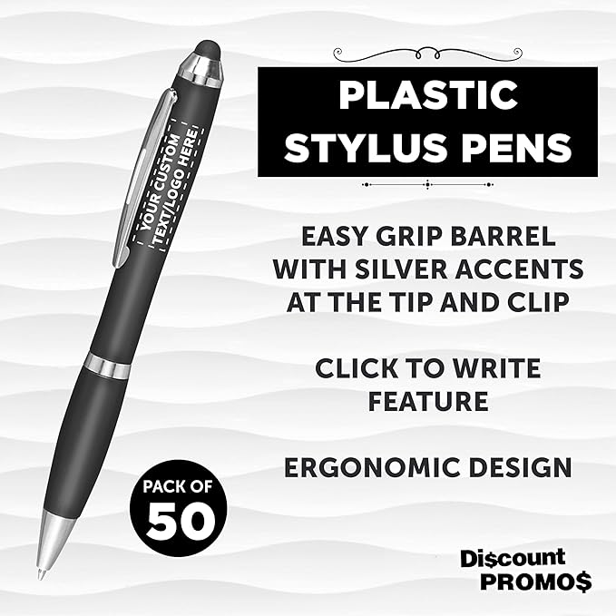 DISCOUNT PROMOS Custom Plastic Stylus Pens Set of 50, Personalized Bulk Pack - Black Ink, Great for Office, School, Business, Tradeshows, Events - Black