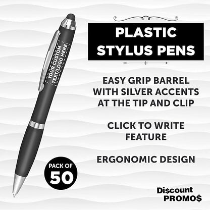 DISCOUNT PROMOS Custom Plastic Stylus Pens Set of 50, Personalized Bulk Pack - Black Ink, Great for Office, School, Business, Tradeshows, Events - Black