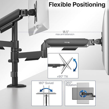 VIVO 17 to 32 inch Dual Pneumatic Monitor Mount, 2 Pneumatic Arms, Adjustable Swivel, Rotation, Heavy Duty VESA Desk Stand with C-clamp, Grommet, Max VESA 100x100, Black, STAND-V002K