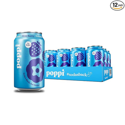 POPPI 12oz Sparkling Prebiotic Soda, Beverages w/Apple Cider Vinegar, Seltzer Water & Fruit Juice, Wild Berry, (12 Pack)