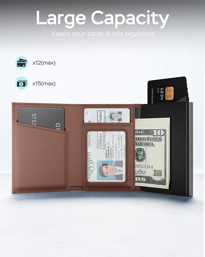 Mens Wallet Card Holder for Air Tag - RFID Blocking Wallet for Men with AirTag Holder, Smart Pop up Aluminum Case, Trifold, Slim, Minimalist, Front Pocket, Premium Leather - ID Window | Cash Slot