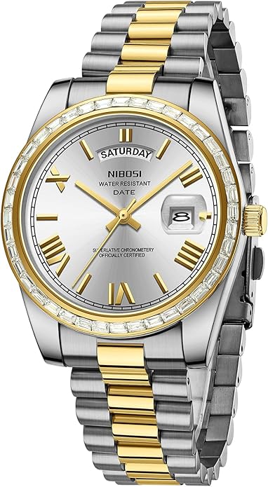 NIBOSI Men's Watches Analog Quartz Diamond Bezel Stainless Steel Dial Rose Gold Silver Watches for Men Waterproof Business Classic Dress Wrist Watch with Day Date