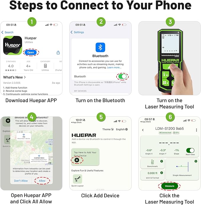 395FT Bluetoothed Green Laser Measuring Tool with Angle Sensor, Huepar 1/16in Accuracy Laser Distance Measurement Tool, Digital Laser Room Measuring Device, Laser Distance Meters
