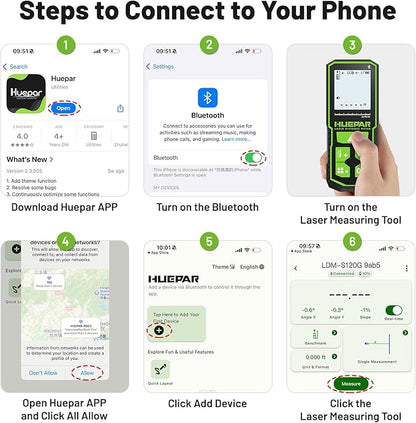 395FT Bluetoothed Green Laser Measuring Tool with Angle Sensor, Huepar 1/16in Accuracy Laser Distance Measurement Tool, Digital Laser Room Measuring Device, Laser Distance Meters