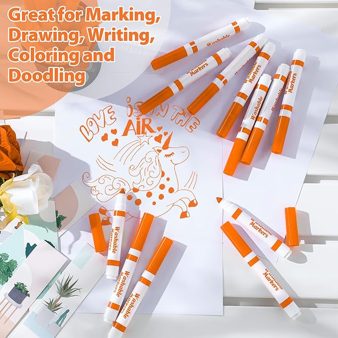 Janlaugh 36 Pcs Orange Washable Markers Bulk Coloring Broad Line Markers for Kids Orange Conical Tip drawing pen for School Supplies, travel Art baby shower gender reveal party Supplies, Ages 6+
