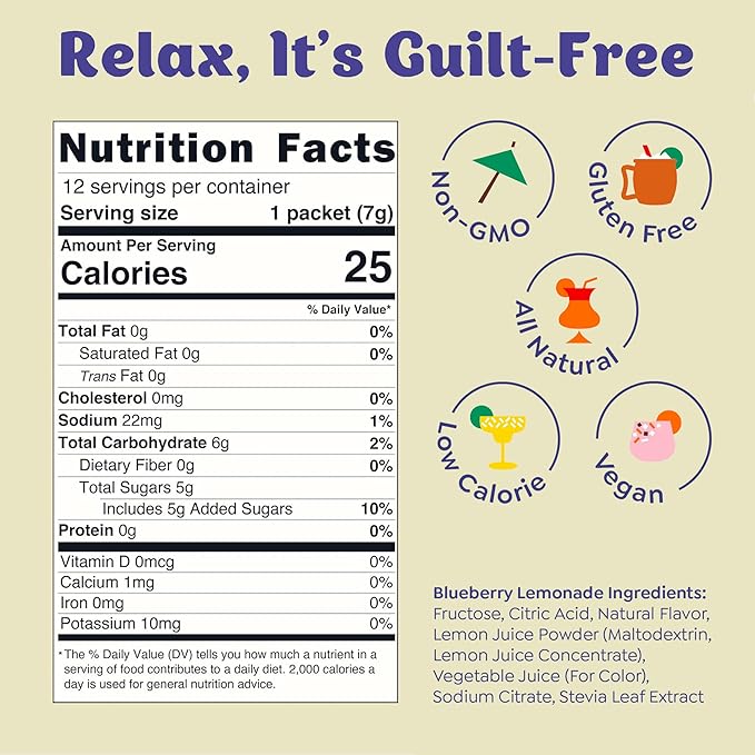 Craftmix Blueberry Lemonade Mix, 12 Packets, Easy Powder Drink with Real Fruit, Low-Sugar, Vegan, Low-Carb, Non-GMO, Dairy-Free, Gluten-Free, Flavored Water Enhancer, On-the-Go Water Flavoring Packets
