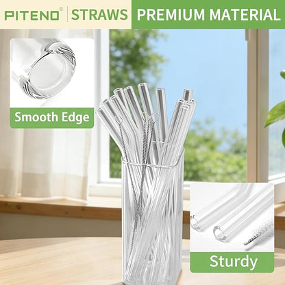 Piteno® 16-Pack Reusable Glass Straws Set, Clear Glass Drinking Straws, 8.5''x10MM, Set of 6 Straight and 6 Bent with 4 Cleaning Brushes, Perfect for Smoothies, Milkshakes, Juice, Tea