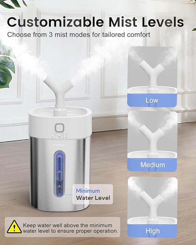 Feekaa Stainless Steel Humidifier, 4L/1Gal Cool Mist Humidifiers for Bedroom up to 500 sq ft, Easy Clean Dishwasher Safe Humidifier Large Room, Humidifiers for Bedroom Nursery Baby Living Room Office
