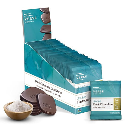 Verse Dark Chocolate Sea Salt Squares - Only 3g Cane Sugar - Creamy 70% Cocoa Dark Chocolate - Individually Wrapped Cacao Bar Squares (30 Count)
