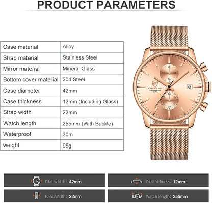 GOLDEN HOUR Mens Watch Fashion Sleek Minimalist Quartz Analog Mesh Stainless Steel Waterproof Chronograph Watches for Men with Auto Date