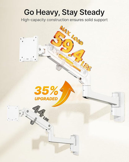 monTEK Monitor Wall Mount for 17-57“ up to 59.4 lbs Ultrawide Screens, Single Heavy-Duty Aluminum Gas Spring Monitor Arm with Full Motion Adjustment, VESA 75x75/100x100 Compatible, White