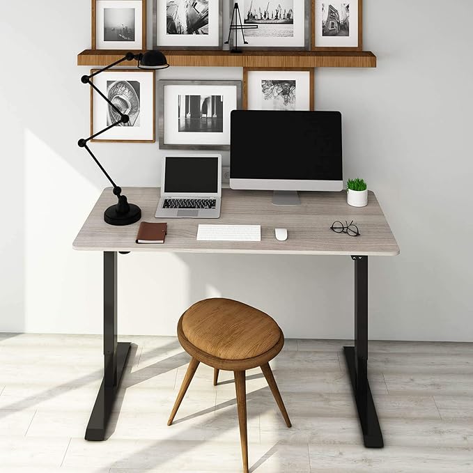 FLEXISPOT EN1 Whole Piece Standing Desk, 60 x 24 Inches Height Adjustable Desk Electric Sit Stand Desk for Home Office (Black Frame + Gray Wood Desktop, 2 Packages)