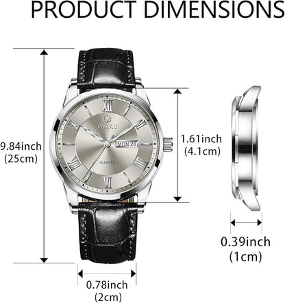 Mens Watches Luxury Dress Waterproof Leather Watch with Date Day Analog Quartz Large Number Wrist Watch Casual Classic Luminous Scales Big Face Easy Read Reloj para Hombre