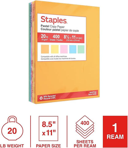 Staples Recycled Pastel Multipurpose Paper, 20 lbs., 8.5-inch x 11-inch, Assorted, 400 Sheets/Pack (14804)
