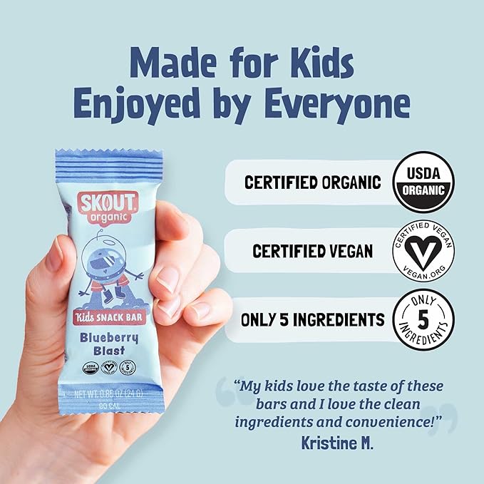 Skout Organic Blueberry Blast Real Kids Snack Bars (18 Pack) | Organic Kids Snack Bars | Plant-Based Nutrition, No Refined Sugar | Vegan | Gluten, Dairy, Grain, Peanut, Tree Nut & Soy Free