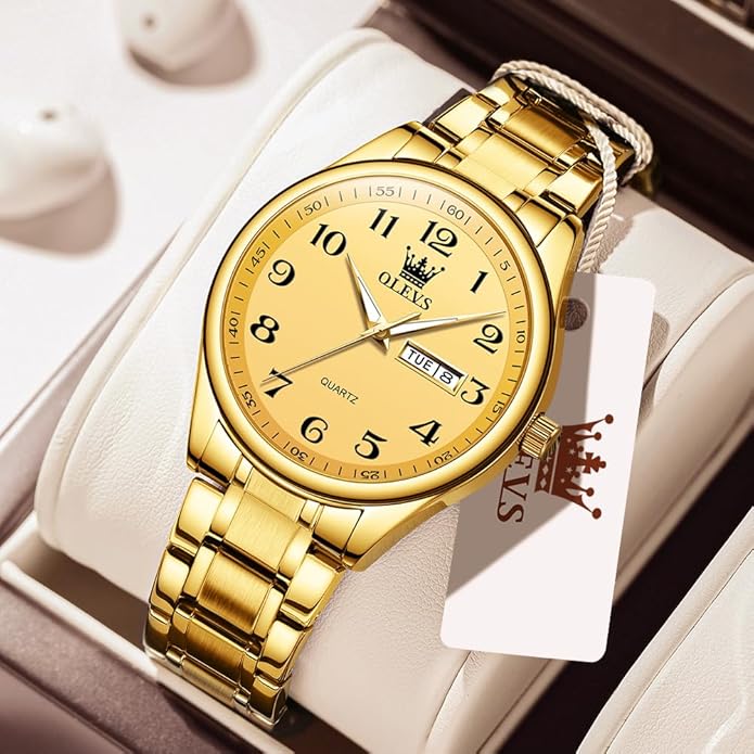 Men's Casual Stainless Steel Watch, Big Face Easy to Read Analog Quartz Watch with Day and Date, Classic Waterproof Diamond Roman Arabic Numerals Dial Dress Watch for Men, Gold Silver Black Band
