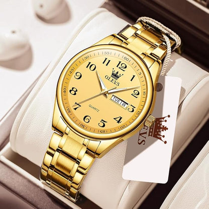 Men's Casual Stainless Steel Watch, Big Face Easy to Read Analog Quartz Watch with Day and Date, Classic Waterproof Diamond Roman Arabic Numerals Dial Dress Watch for Men, Gold Silver Black Band