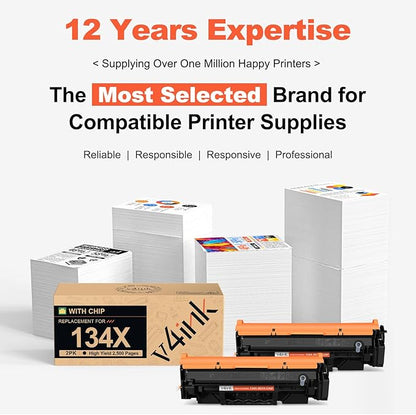 v4ink 134X 134A Black Toner Cartridge Replacement for HP 134A W1340A 134X W1340X Black High-Yield 2,500 Pages for HP LaserJet M209dw MFP M234dw M234sdw M234sdn Printer (with CHIP, 2 Pack)