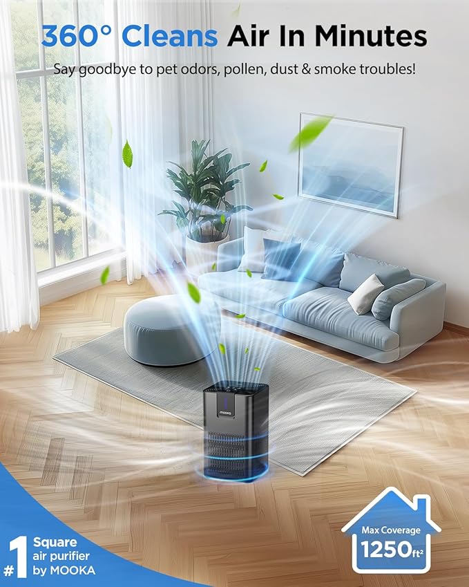 Air Purifiers for Home Large Room Up to 1250 Ft²,MOOKA H13 HEPA Air Purifier for Pets Dust Odor Smoke,Aromatherapy Function,Air Cleaner with 15dB Quiet Sleep Mode for Bedroom Office Living Room,Black