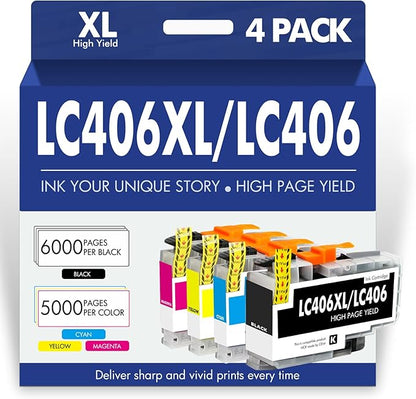LC406 LC406XL Ink Cartridges for Brother Printer for Brother LC406 Ink Cartridges MFC-J4335DW MFC-J5855DW MFC-J6555DW MFC-J4535DW MFC-J6955DW (4 Pack Black Cyan Magenta Yellow)