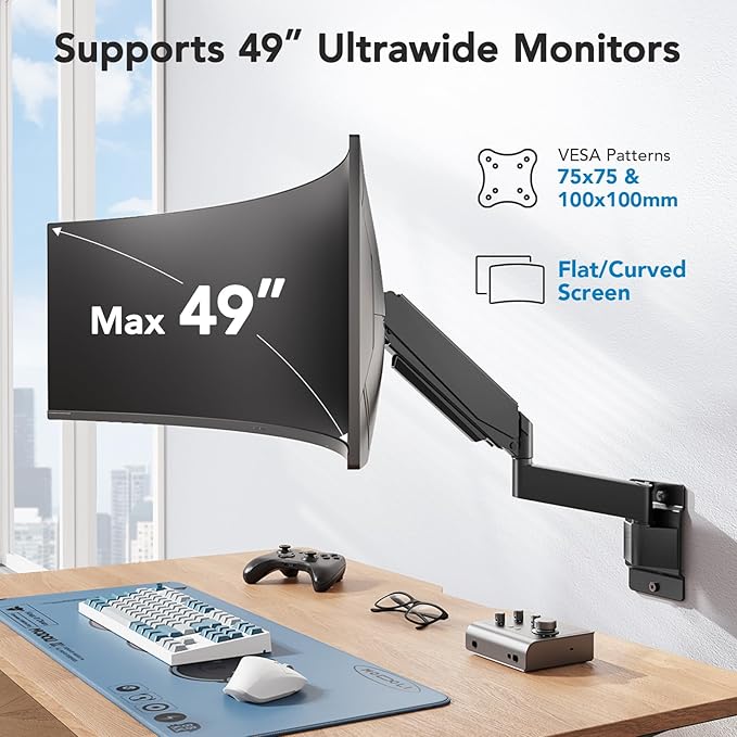 HUANUO 49 inch Ultrawide Monitor Wall Mount, Heavy Duty Screen Arm with Premium Aluminum, Supports up to 44 lbs, Wall Mount Monitor Arm for Height Adjustment, Tilt, Swivel, Rotate