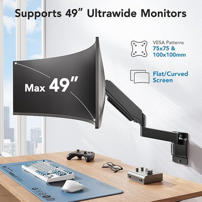 HUANUO 49 inch Ultrawide Monitor Wall Mount, Heavy Duty Screen Arm with Premium Aluminum, Supports up to 44 lbs, Wall Mount Monitor Arm for Height Adjustment, Tilt, Swivel, Rotate