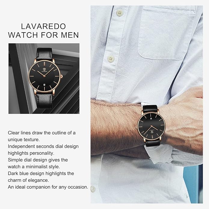 L LAVAREDO Watch for Men, Extremely Thin Mens Watches Minimalist Analog Men's Leather Wrist Watches with Time/Date, Birthday Gift for Men Boyfriend