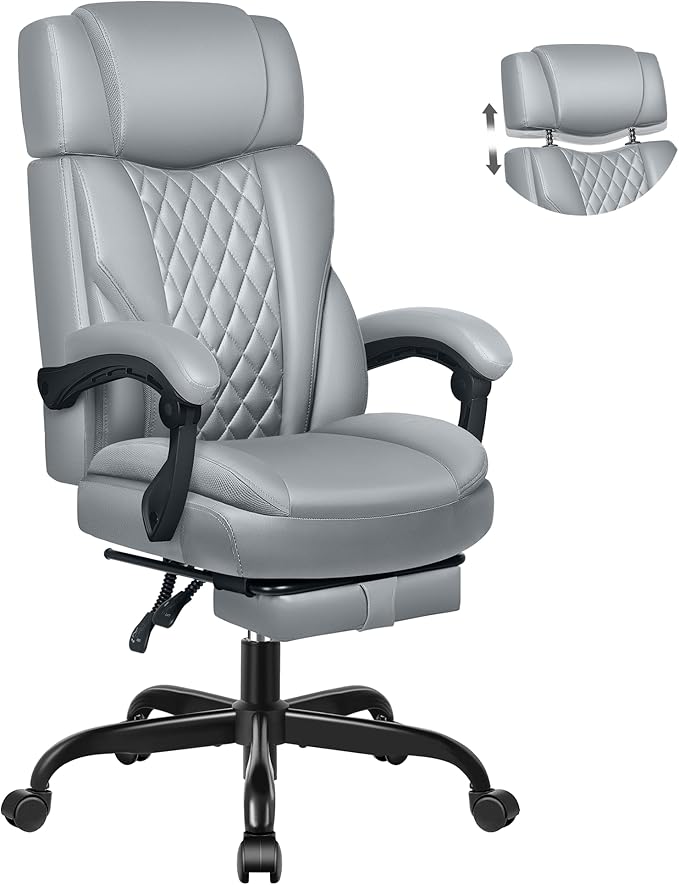 Executive Leather Office Chair, Big and Tall Office Chair with Footrest Home Office Desk Chairs, Ergonomic Computer Desk Chair with Lumbar Support, Reclining Desk Chair with Adjustable Angle