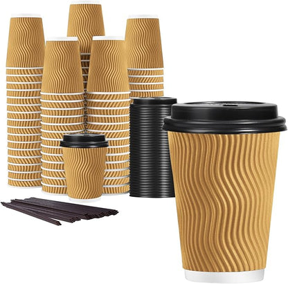 Lamosi 12 oz Disposable Coffee Cups with Lids, 50 Pack Insulated Hot Cups To Go Paper Coffee Cups with Lids and Straws, Corrugated Ripple Wall Cup for Hot Drink, Office, Coffee Bar (Champagne)
