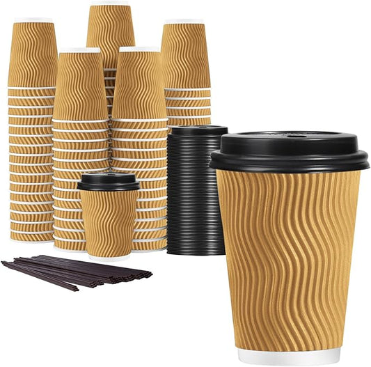 Lamosi 12 oz Disposable Coffee Cups with Lids, 50 Pack Insulated Hot Cups To Go Paper Coffee Cups with Lids and Straws, Corrugated Ripple Wall Cup for Hot Drink, Office, Coffee Bar (Champagne)