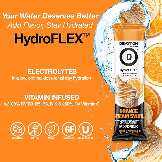 Devotion Nutrition HydroFLEX Water Flavoring Packets – Sugar-Free Hydration with Vitamins & Electrolytes – Dye-Free, Gluten-Free (Orange Cream Swirl) 12-Pack Drink Mix