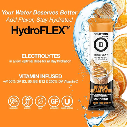 Devotion Nutrition HydroFLEX Water Flavoring Packets – Sugar-Free Hydration with Vitamins & Electrolytes – Dye-Free, Gluten-Free (Orange Cream Swirl) 12-Pack Drink Mix