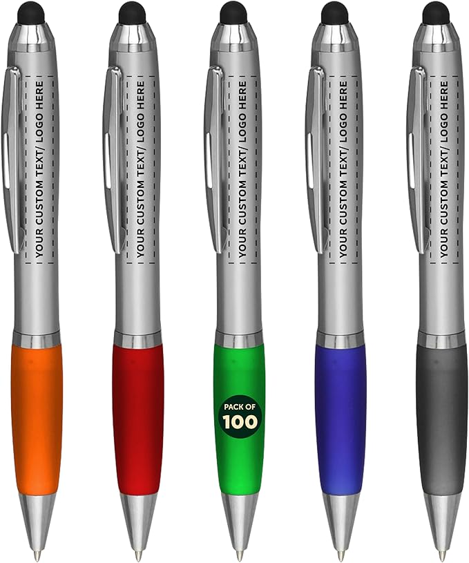 DISCOUNT PROMOS 100 Stylus Ballpoint Pens in Assorted Colors Pack - Customizable Text, Logo - Two in One, Ergonomic, Black Ink - Assorted