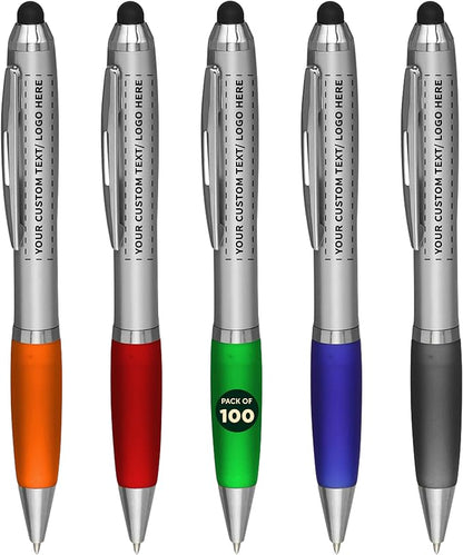 DISCOUNT PROMOS 100 Stylus Ballpoint Pens in Assorted Colors Pack - Customizable Text, Logo - Two in One, Ergonomic, Black Ink - Assorted