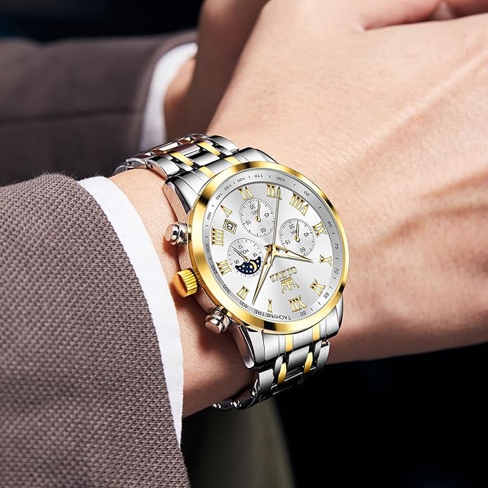 OLEVS Mens Stainless Steel Chronograph Watch, Big Face Roman Numerals Date Analog Quartz Dress Watches for Men, Fashion Multifunctional Waterproof Luminous Hands Men's Wristwatch
