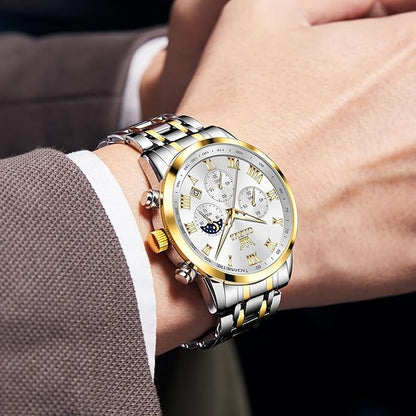 OLEVS Mens Stainless Steel Chronograph Watch, Big Face Roman Numerals Date Analog Quartz Dress Watches for Men, Fashion Multifunctional Waterproof Luminous Hands Men's Wristwatch