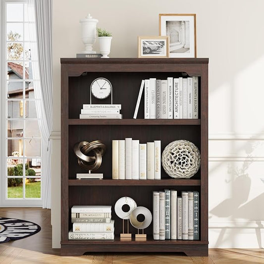 HIFYOBRO 3 Tier Bookshelf and Bookcase, 31.5" Wide Wooden Book Shelf, Freestanding Open Display Storage Bookshelves for Study Room, Home Office, Living Room (Cherry)