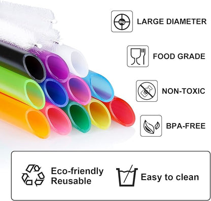 Angled Tips, 12 Pcs Wide Reusable Bubble Tea Straws with 4 Brushes - Multi Colors Jumbo Smoothie Straws, BPA FREE Plastic Straw for Bubble Tea (Tapioca, Pearls), Milkshakes
