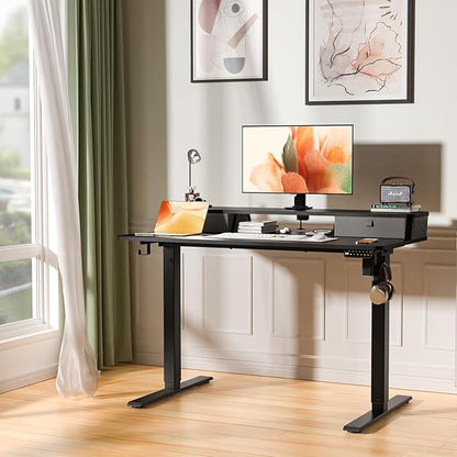 Electric Standing Desk with 2 Drawers 48''x 24'' Adjustable Height Sit to Stand Up Desk with Storage Shelf, C-Clamp Mount Compatible Black Home Office Desks Computer Gaming Table Ergonomic Workstation