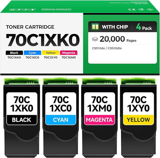 70C1XK0 70C1XC0 70C1XM0 70C1XY0 Toner Cartridge Set 4-Pack Black Cyan Magenta Yellow with Chip Replacement Compatible for Lexmark CS310N CS310DN CS510DE CS510DTE CS410N CS410DN CS410DTN Laser Printer