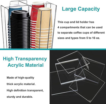 Tirifer Cup and Lid Holder, Coffee Cup Dispenser, Acrylic Cup Storage Organizer, Disposable Paper Cup Storage Holder with 4 Compartments for Countertop Coffee Station Bar Restaurant, Clear